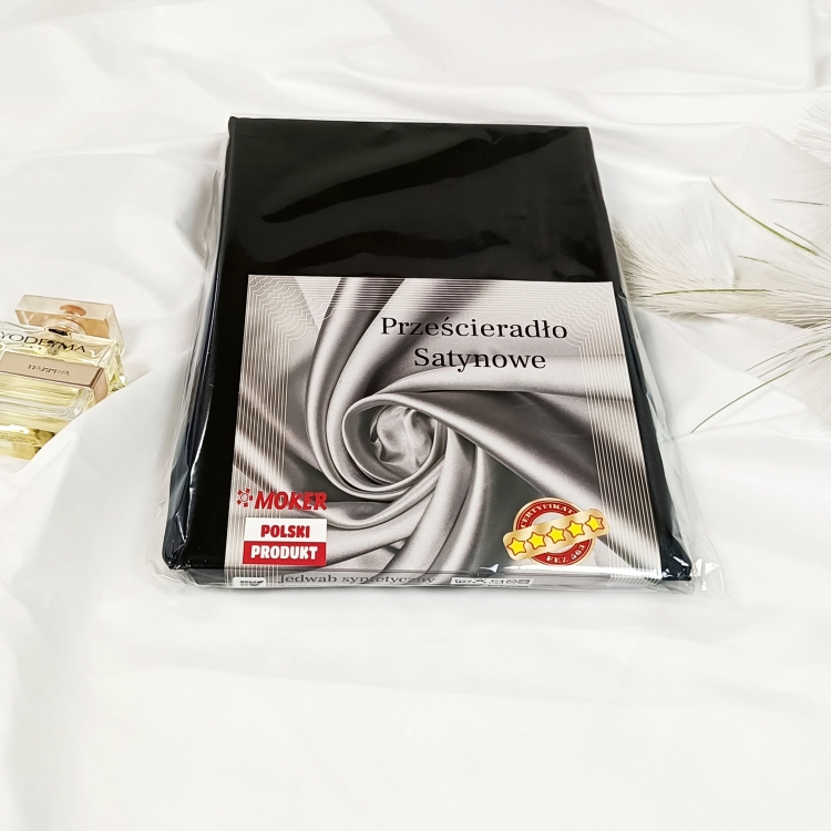 opakowanie prześcieradło satynowe atłas, czarny jedwab syntetyczny, zdjęcie prześcieradła w opakowaniu